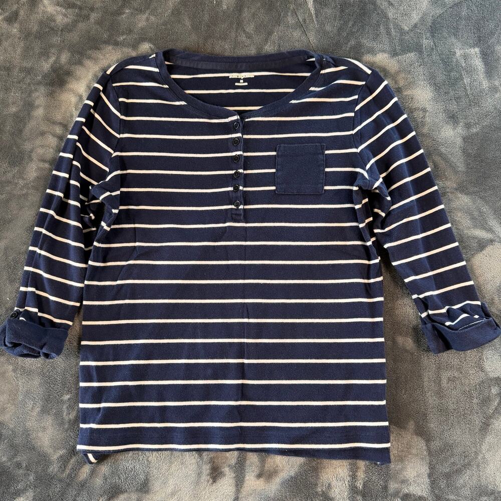 Kim Rogers Womens Medium Navy White Stripe Cotton 3/4 Sleeve Henley Top